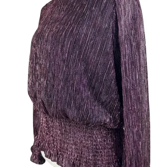 Joie Black & Pink Metallic Textured Ribbed Smocked Waist Long Sleeve Blouse - Picture 7 of 11